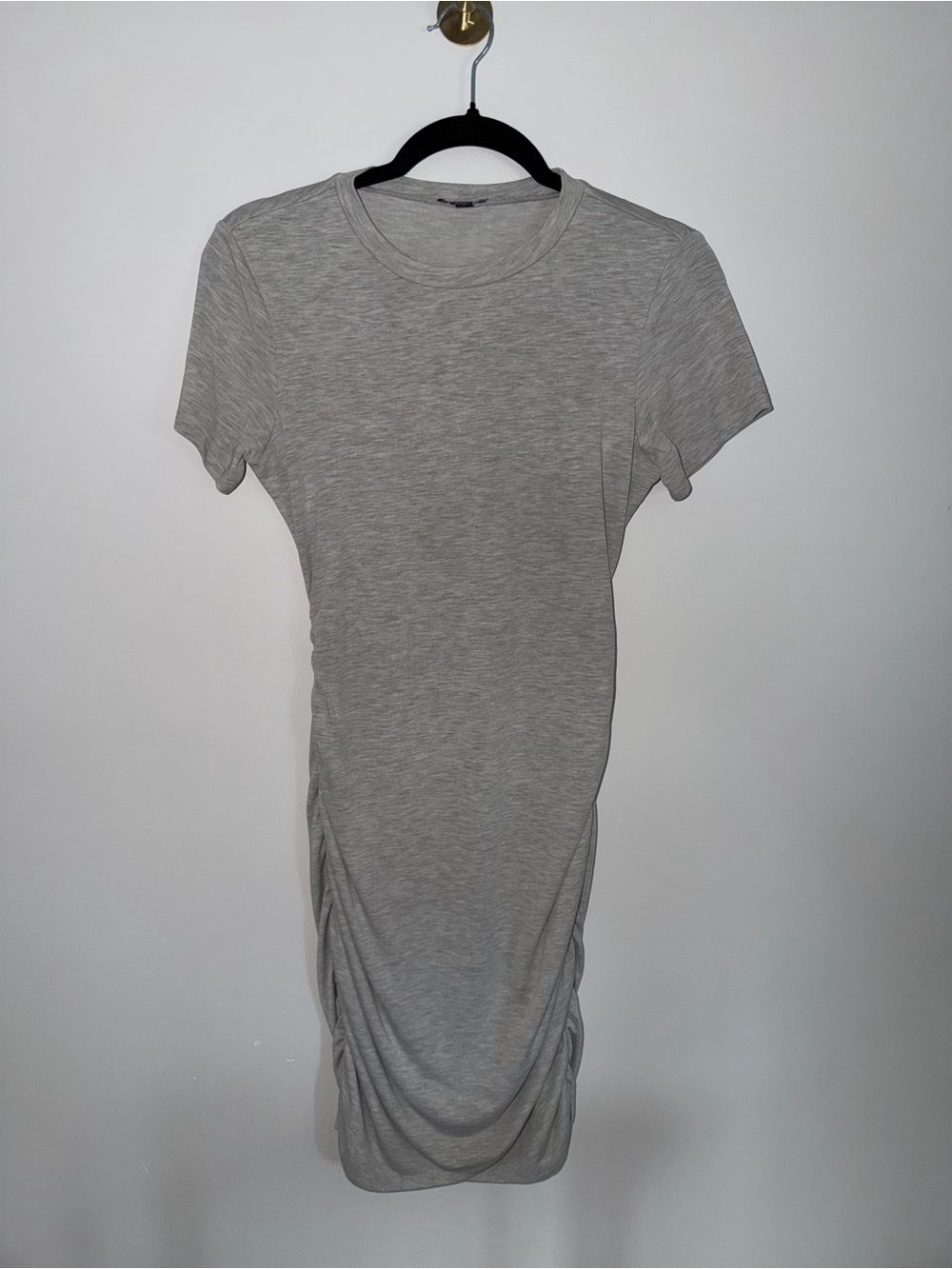 Express Gray Ruched Knit Bodycon Dress Crew Neck Cap Sleeve Knee Length XS